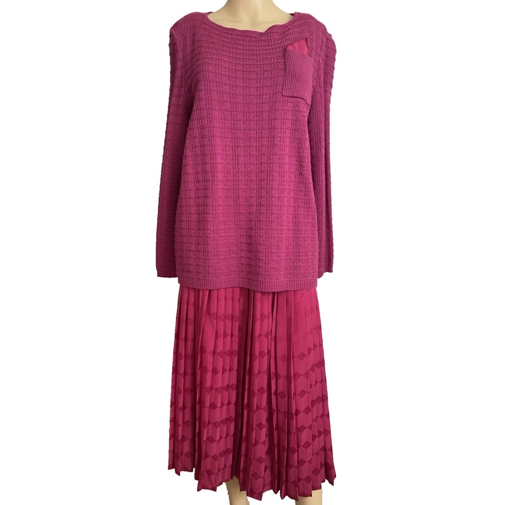Castleberry Sweater Pleated Skirt Suit Women's 16 Cardigan Cranberry Red Retro